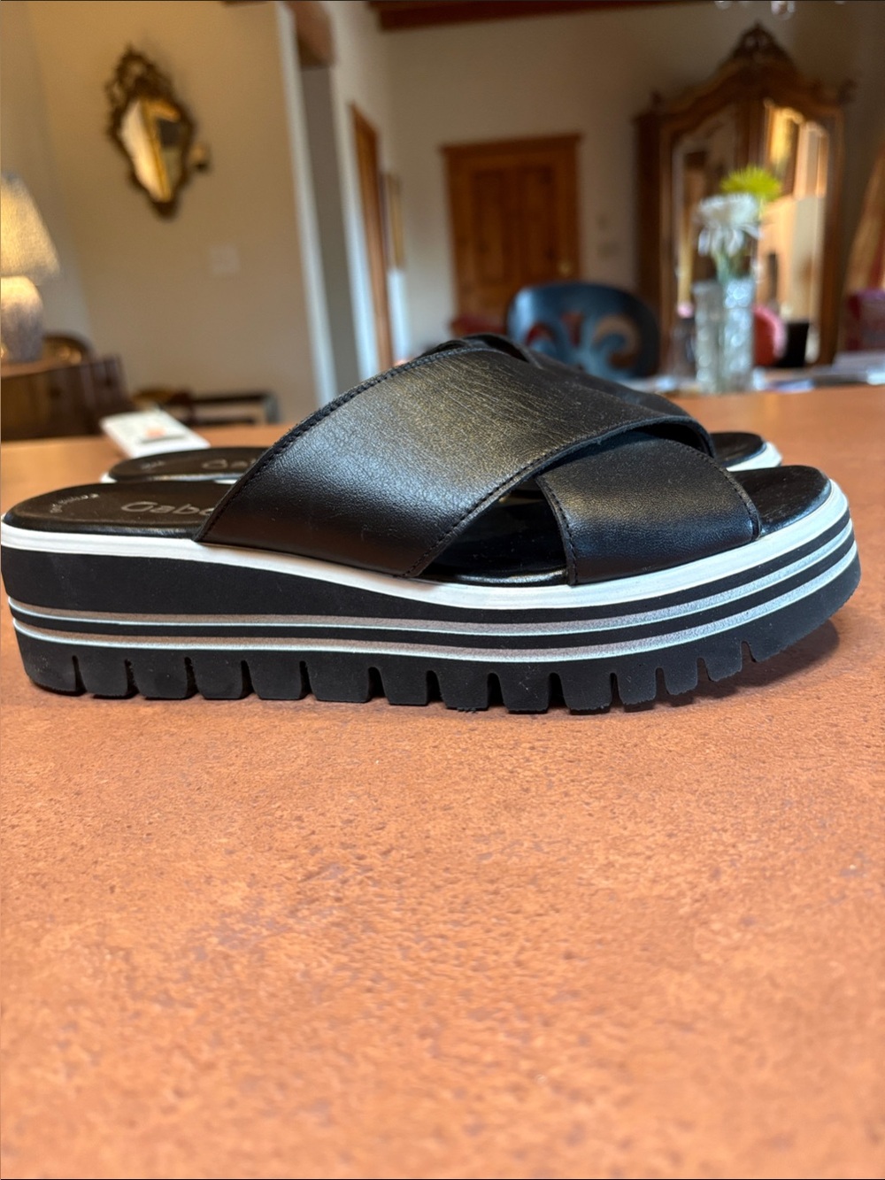 Gabor Black Slide Sandals with White Stripe Platform